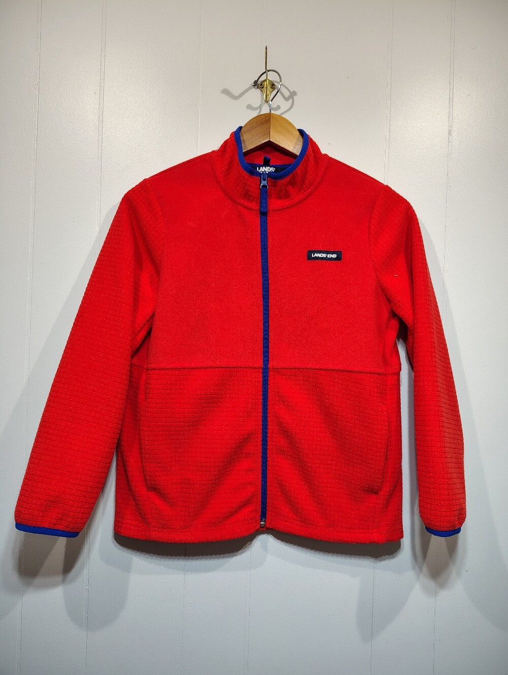 Lands End Grid Fleece Jacket Size L 10H 12H Husky Red Blue Zip Coat Layer